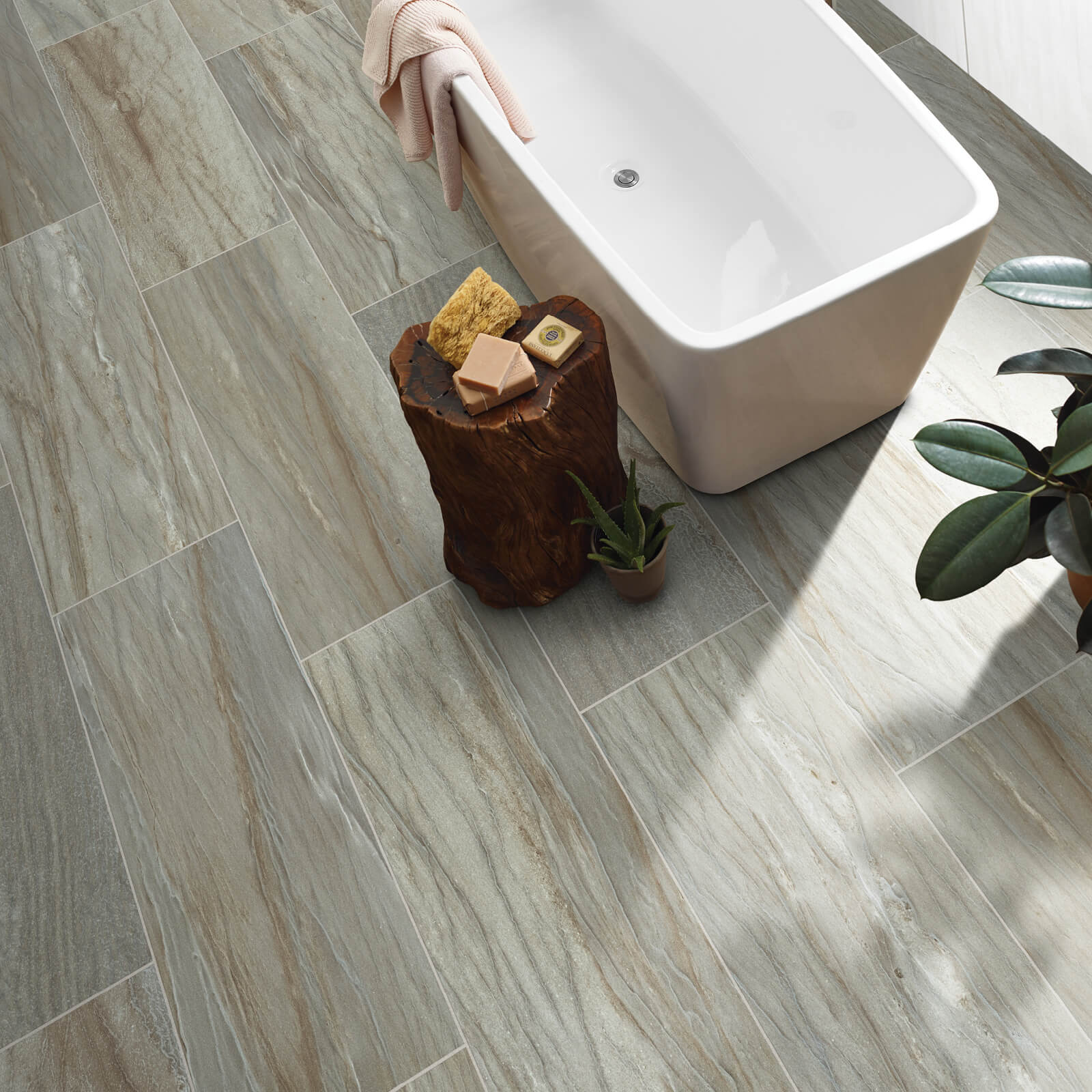 Wood-look tile in bathroom | Floor Systems